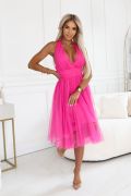Fuchsia tulle midi dress with neck tie - Enrica