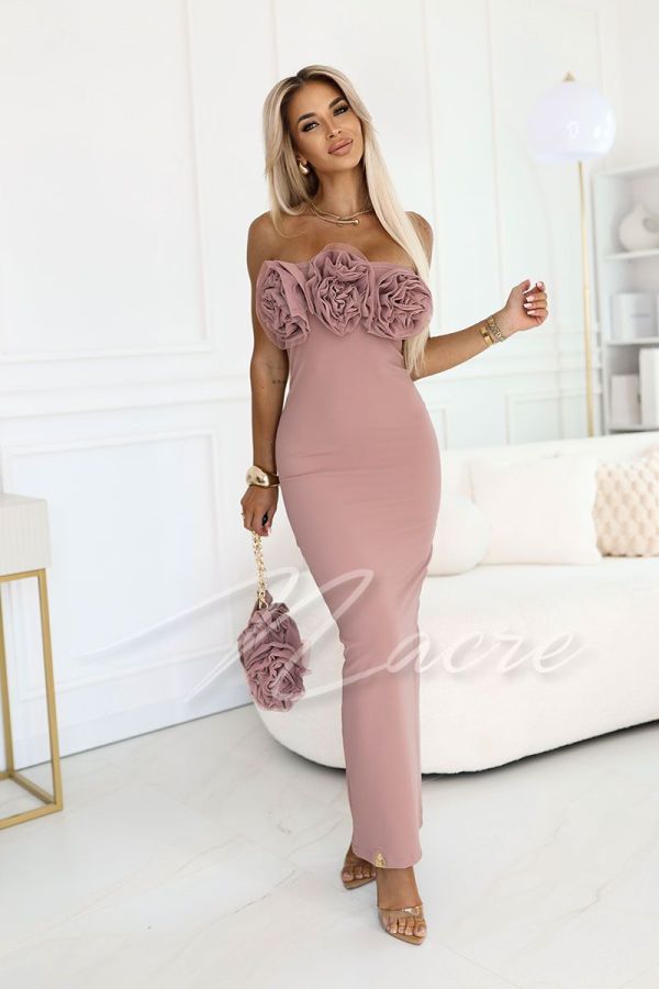 Dark pink tuba dress with roses and handbag - Haidi