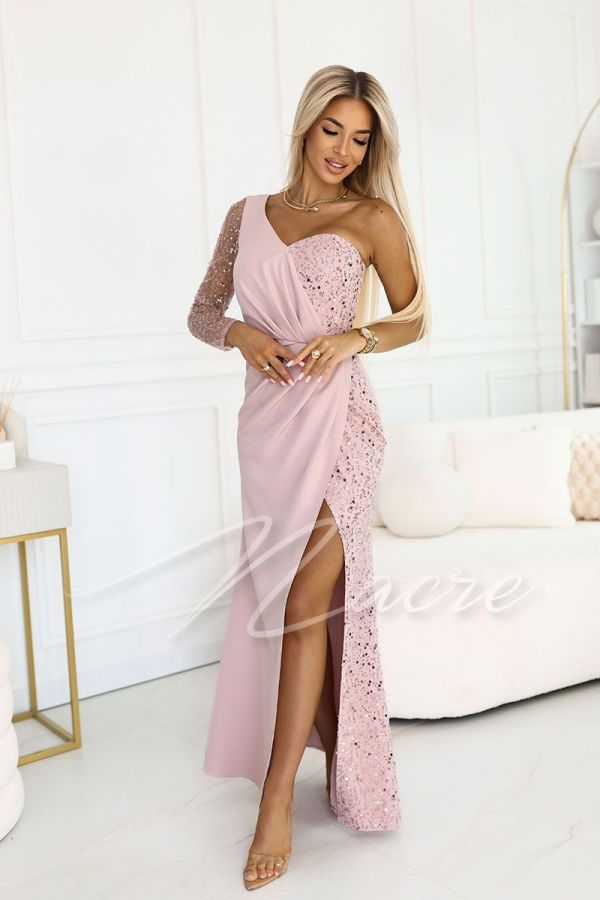 Pink one-shoulder maxi dress with sequins - Mallow