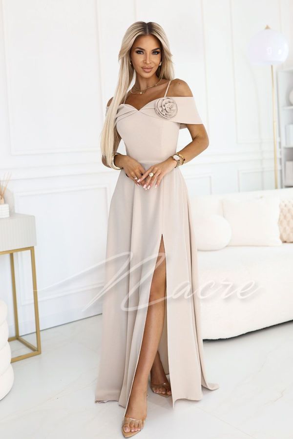 Beige flared dress with dropped shoulders for a wedding - Briana