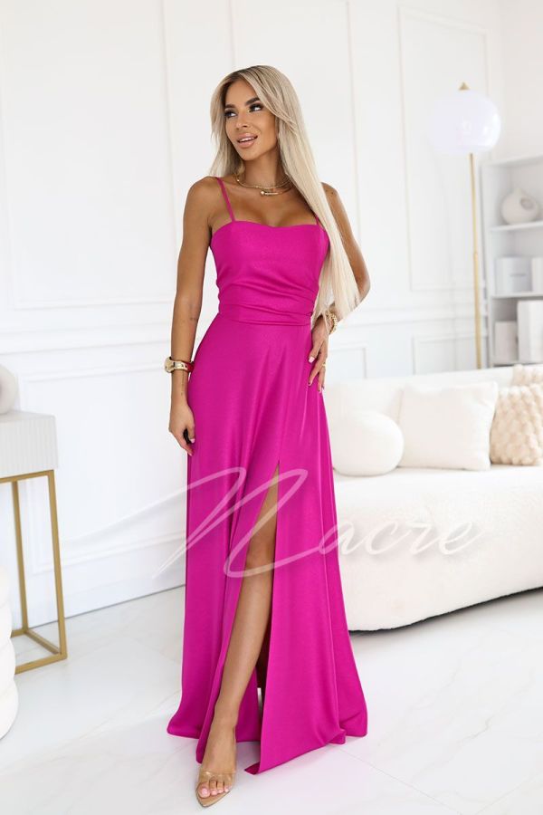 Fuchsia brocade corset dress with flared skirt - Estela