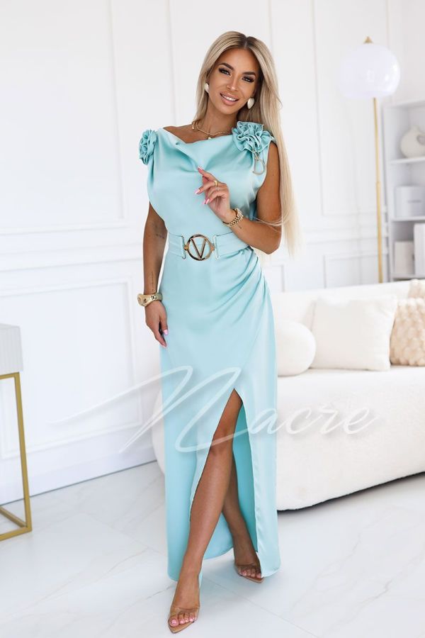 Pistachio satin dress with water neckline and flowers - Domenica
