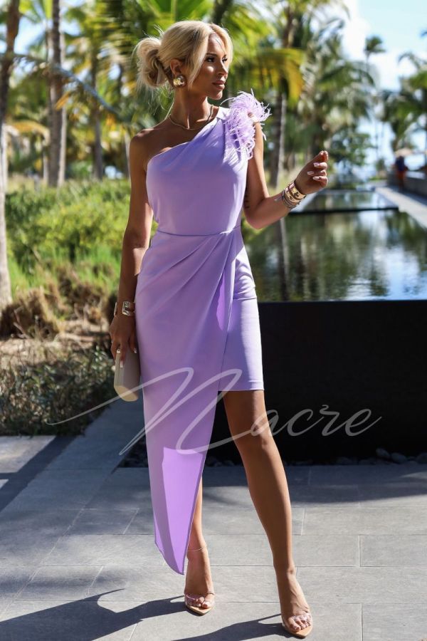 Lavender one shoulder dress with asymmetrical bottom and feathers - Kassi