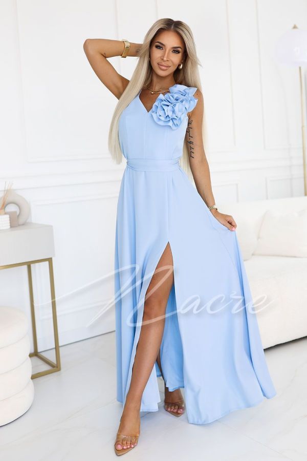 Blue long dress with a flower on a wider shoulder strap flared - Anabel
