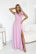 Pink long dress with a flower on a wider shoulder strap flared - Anabel