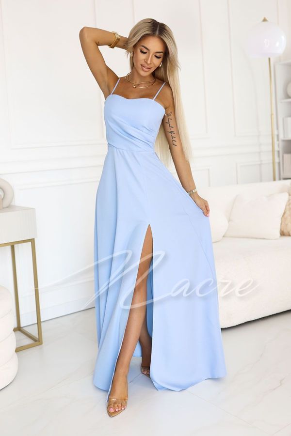 Blue brocade corset dress with flared skirt - Estela