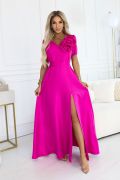 Fuchsia maxi dress for wedding with sleeves and decorative flower - Ruby