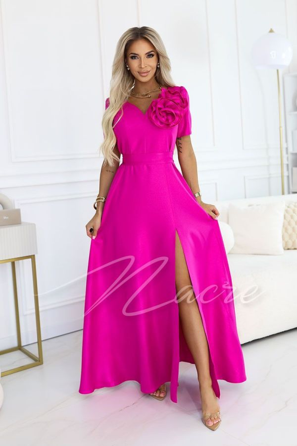 Fuchsia maxi dress for wedding with sleeves and decorative flower - Ruby