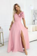 Pink maxi dress for wedding with sleeve and decorative flower - Ruby