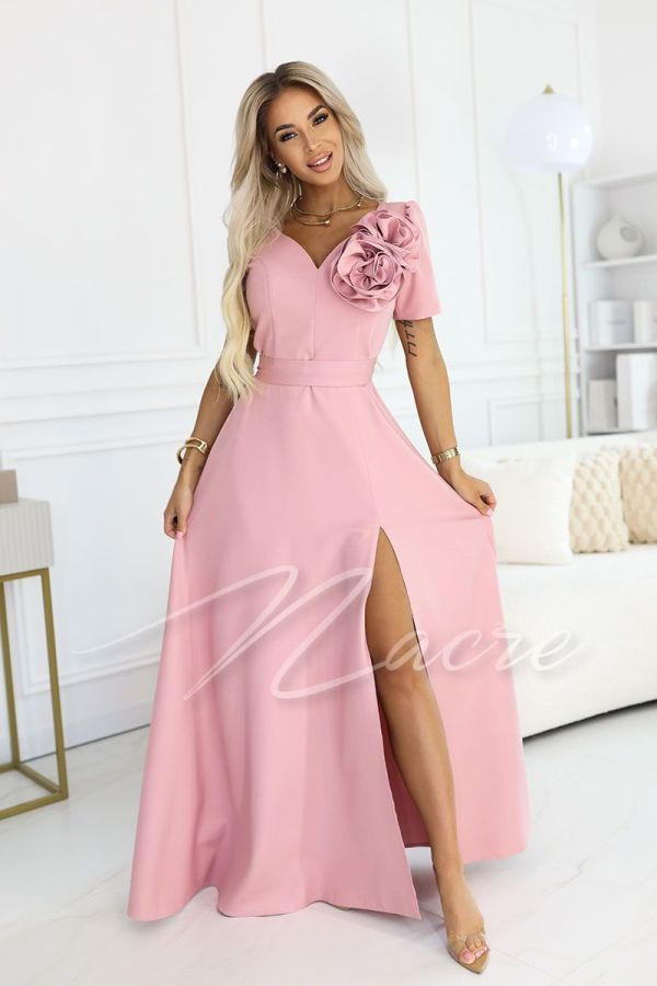 Pink maxi dress for wedding with sleeve and decorative flower - Ruby