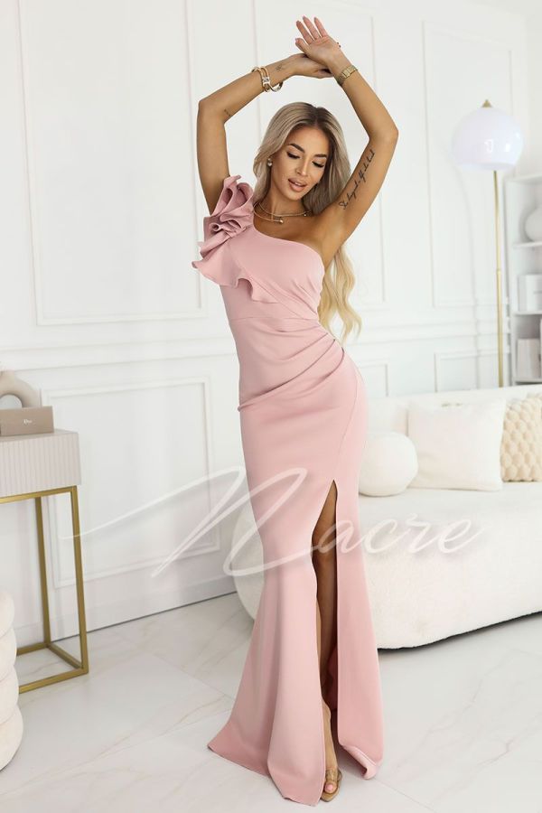 Pink one-shoulder dress with striking jabot - Mila