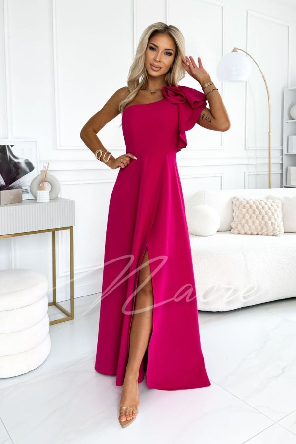 Fuchsia one-shoulder flared dress with flower - Kora