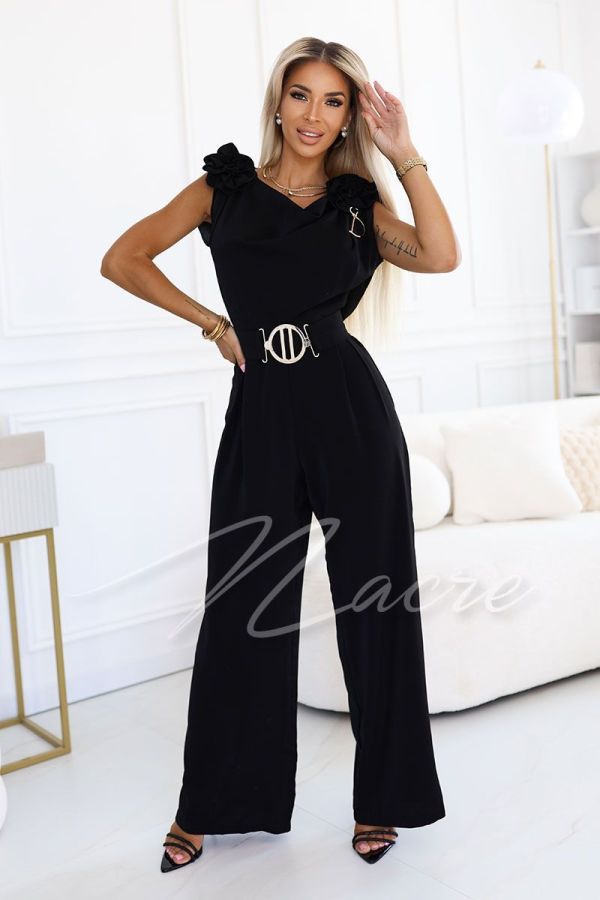 Black women's jumpsuit with wide leg and water neckline - Ella