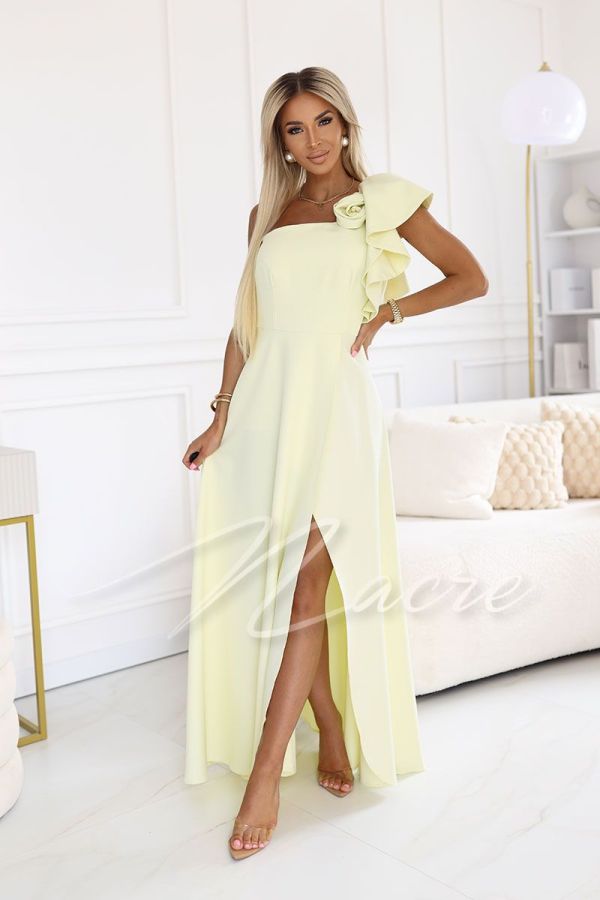 Yellow one-shoulder flared dress with flower - Kora