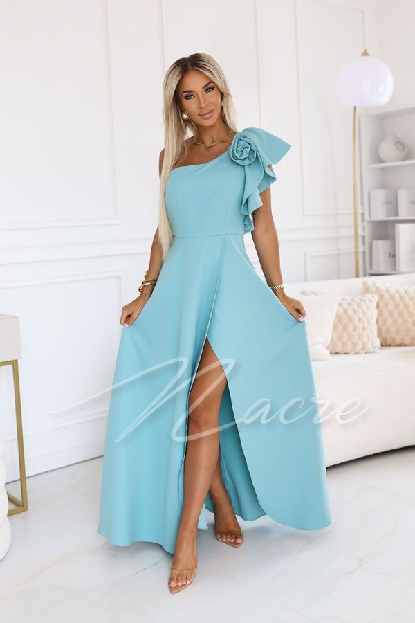 Pistachio one-shoulder flared dress with flower - Kora