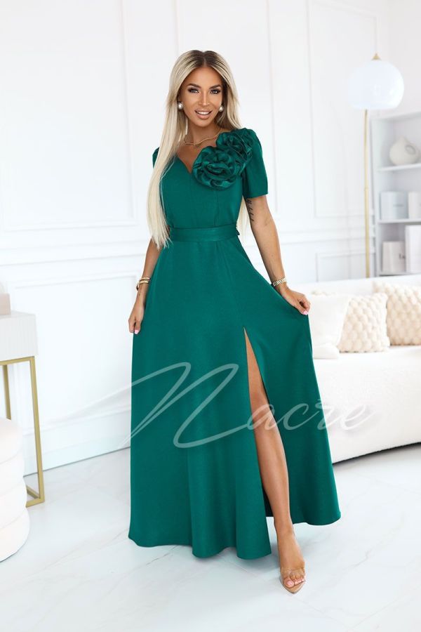 Green maxi dress for wedding with sleeve and decorative flower - Ruby