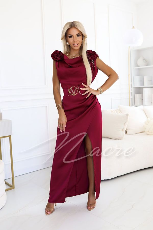 Maroon satin dress with water neckline and flowers - Domenica