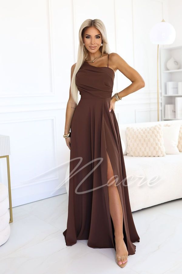 Chocolate one-shoulder maxi dress with lacing on the back - Gracja
