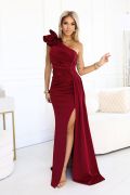 Maroon one shoulder dress with jabot - Vivien