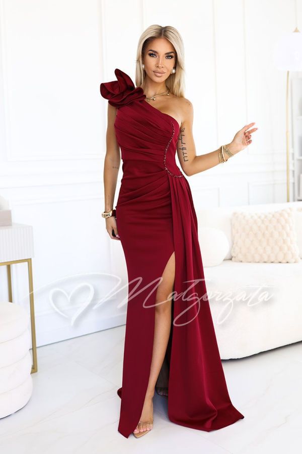 Burgundy one-shoulder dress with a frilled collar – Vivien