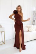 Chocolate one shoulder dress with jabot - Vivien