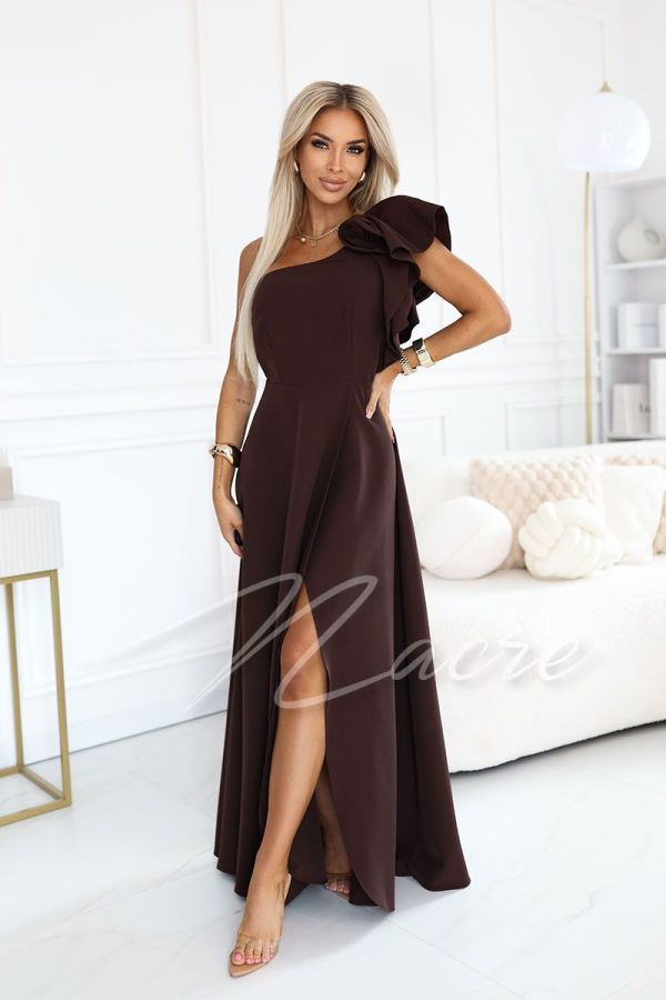 Chocolate one-shoulder flared dress with flower - Kora
