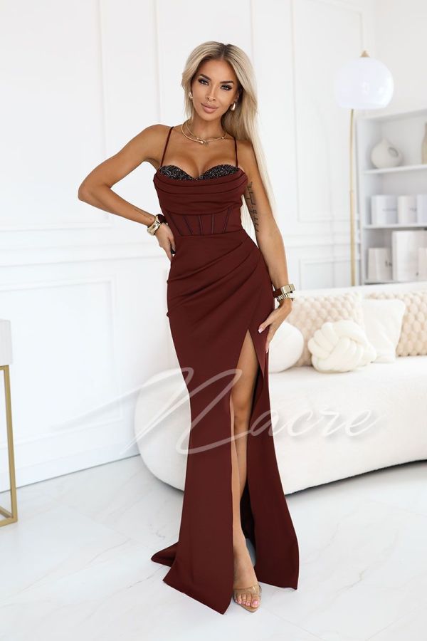 Chocolate fish cut dress with zirconia neckline - Monica