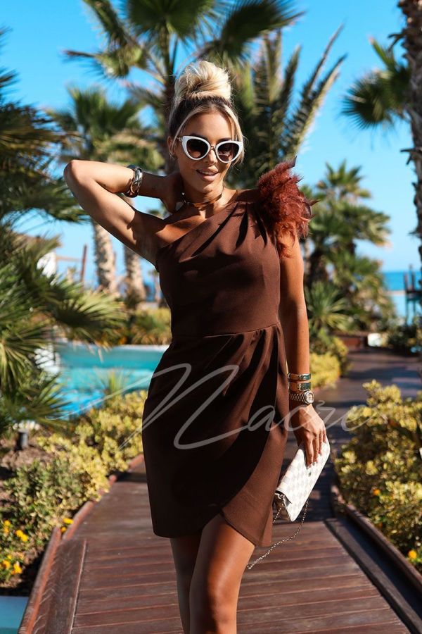 Chocolate mini dress with feathers on one shoulder - Neli