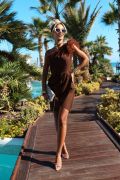 Chocolate mini dress with feathers on one shoulder - Neli