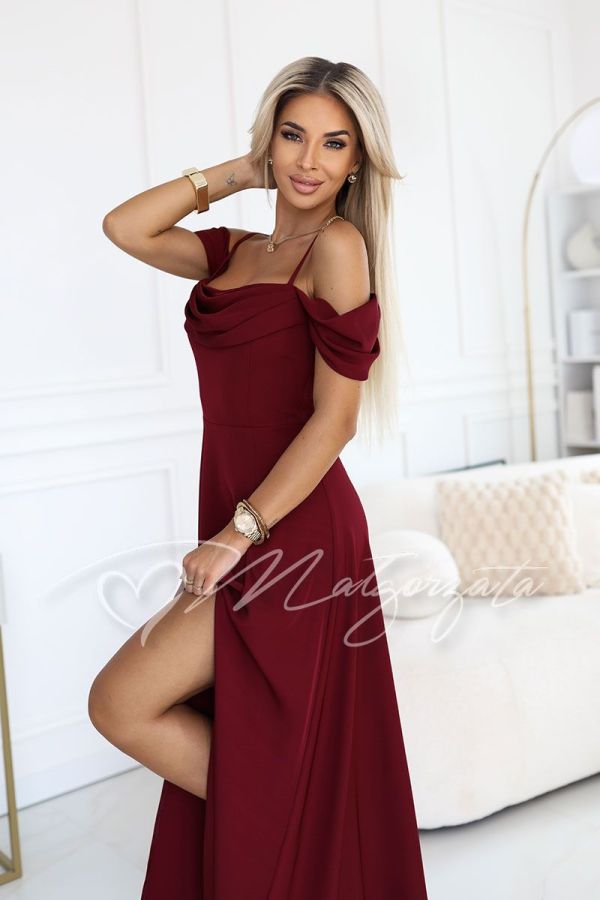 Maroon flared dress with water neckline - Bristol