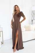 Chocolate maxi dress for wedding with sleeve and decorative flower - Ruby