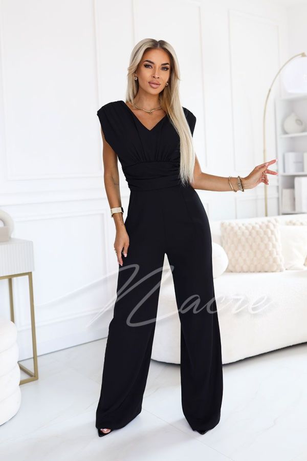 Black women's wide-leg jumpsuit with wider straps - Poli
