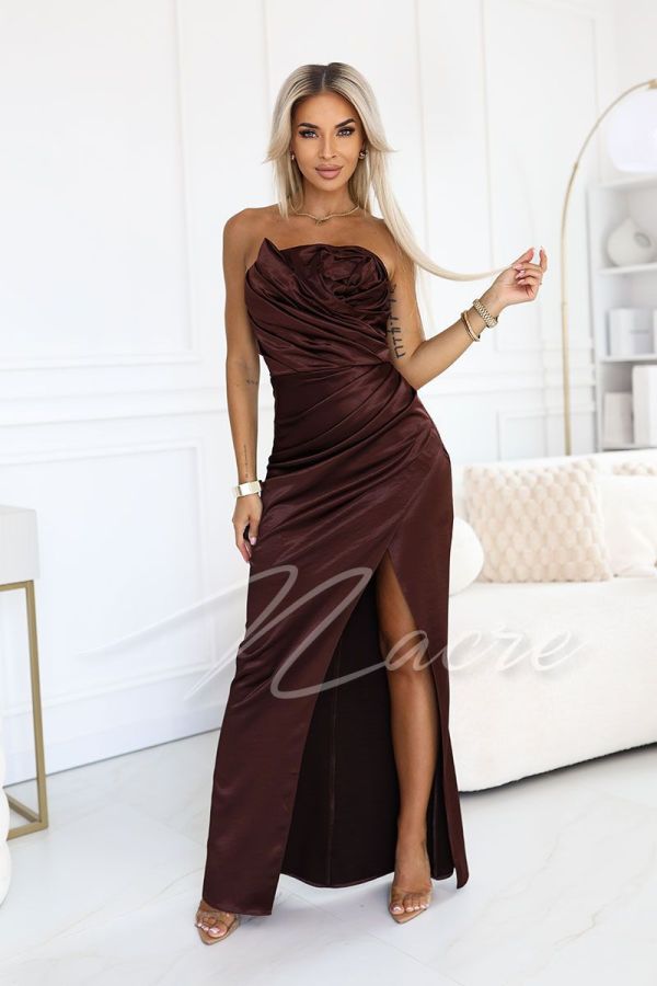 Chocolate maxi evening dress with flower - Bonita