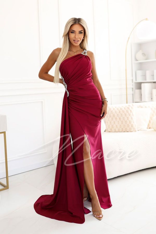 Maroon one-shoulder maxi dress with decorative appliqués - Jovita