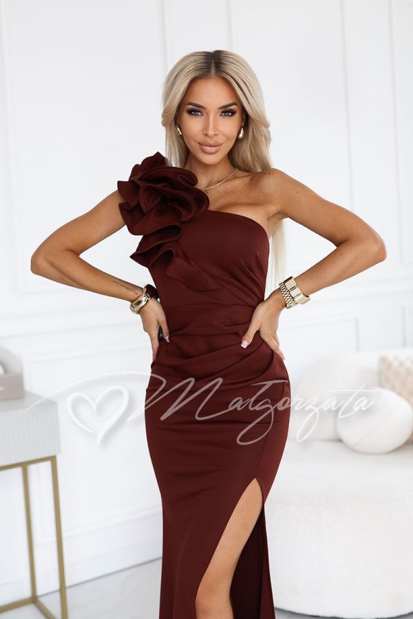 Chocolate one shoulder dress with striking jabot - Mila