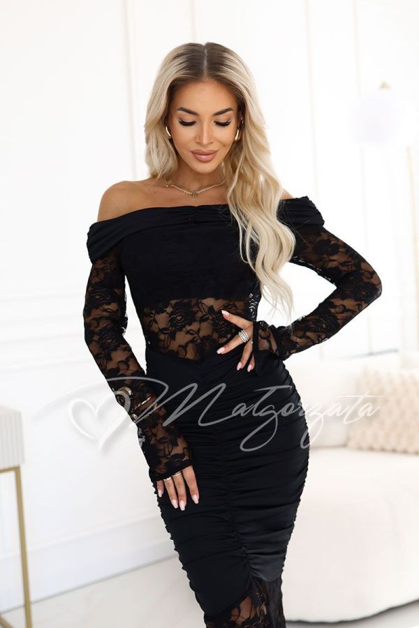 Black maxi evening dress with lace and long sleeves - Amaya