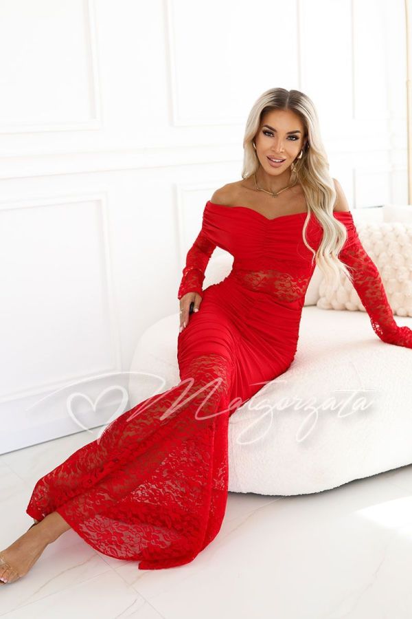 Red maxi evening dress with lace and long sleeves - Amaya