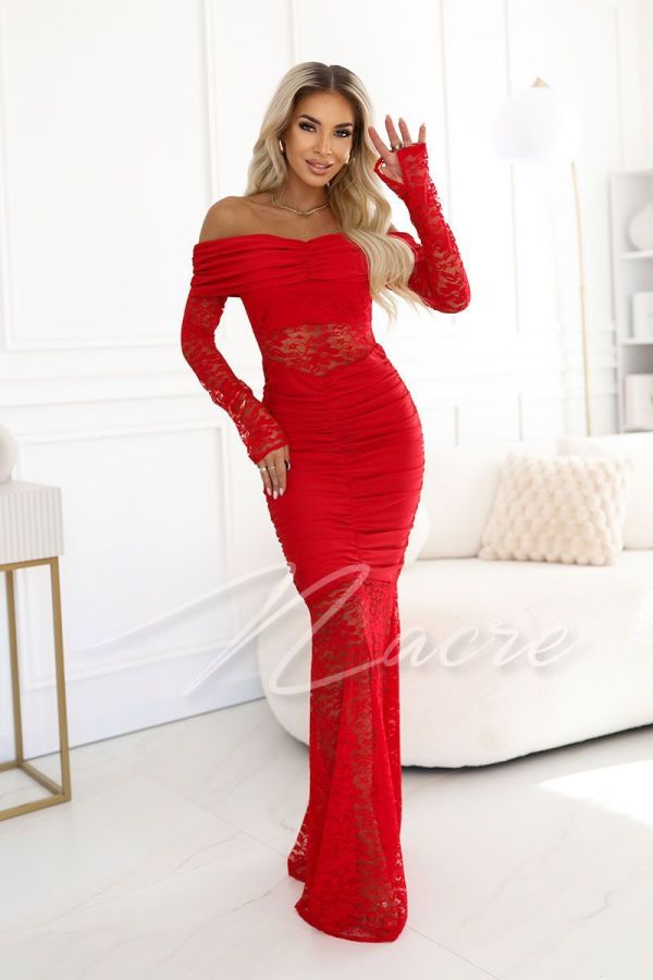 Red maxi evening dress with lace and long sleeves - Amaya