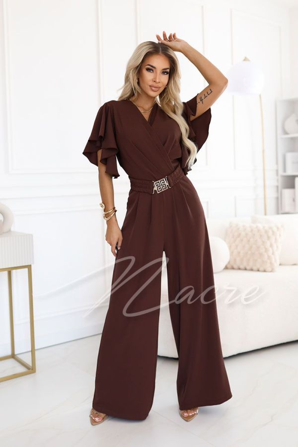 Chocolate women's jumpsuit with wide leg and decorative belt - Fama