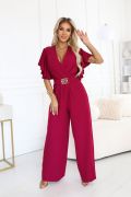 Bordowy kombinezon damski z szeroką nogawką i ozdobnym paskiem - Fama