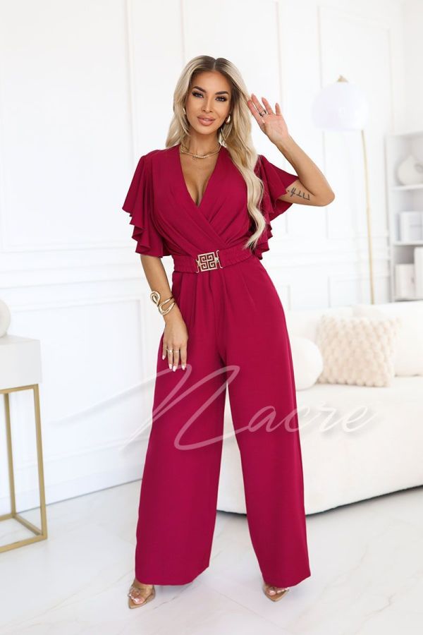 Maroon women's jumpsuit with wide leg and decorative belt - Fama