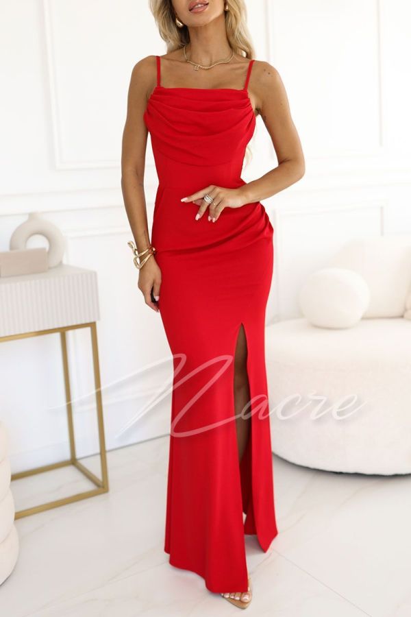Red evening dress with water neckline - Martina