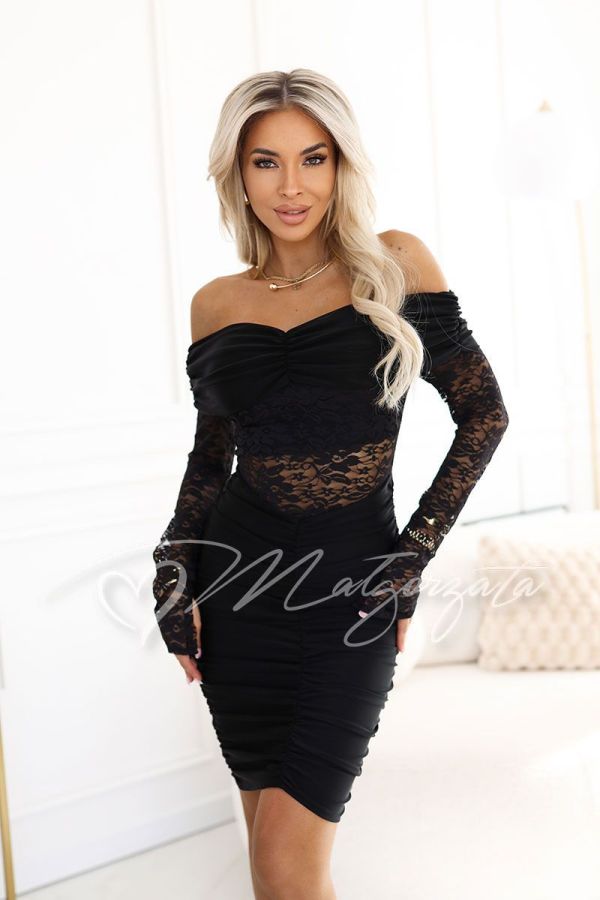 Black mini lace dress with dropped shoulders - Rimi