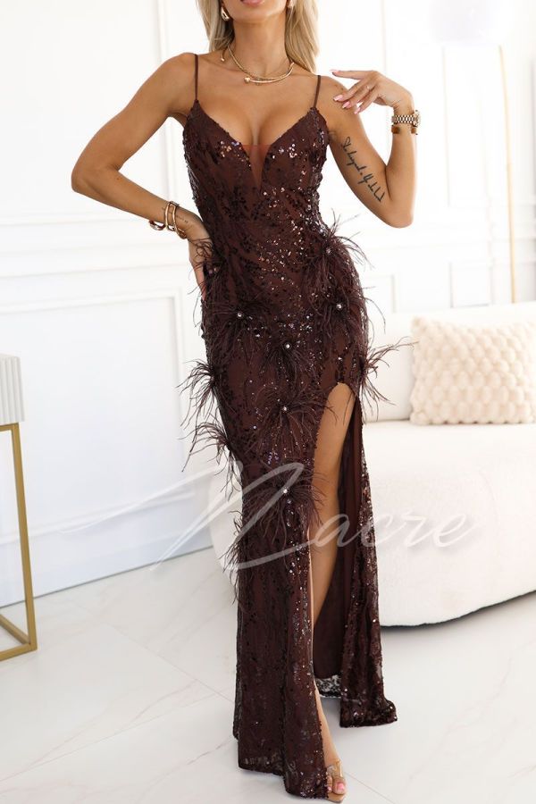 Chocolate sequin dress with feathers, thin straps - Laura