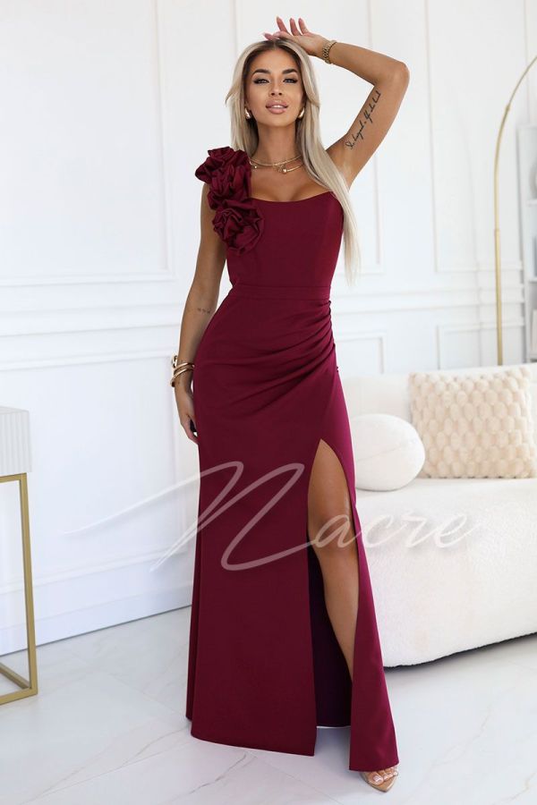 Maroon one shoulder dress with roses - Rosaline
