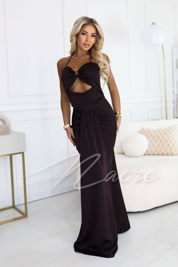 Chocolate satin maxi dress with cutouts - Calista