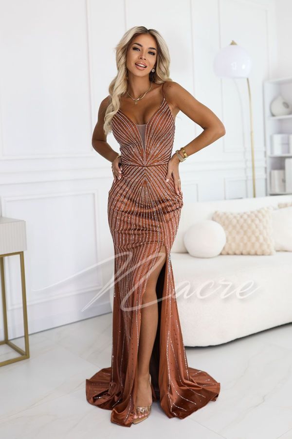 Light brown maxi evening dress richly decorated with zircons - Lili