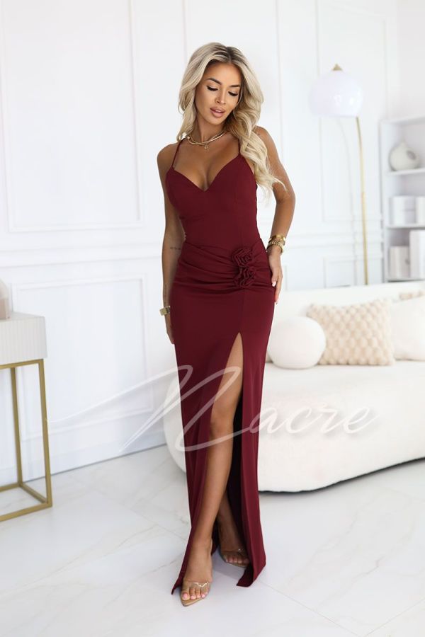 Maroon strapless maxi dress with decorative flowers - Roxi
