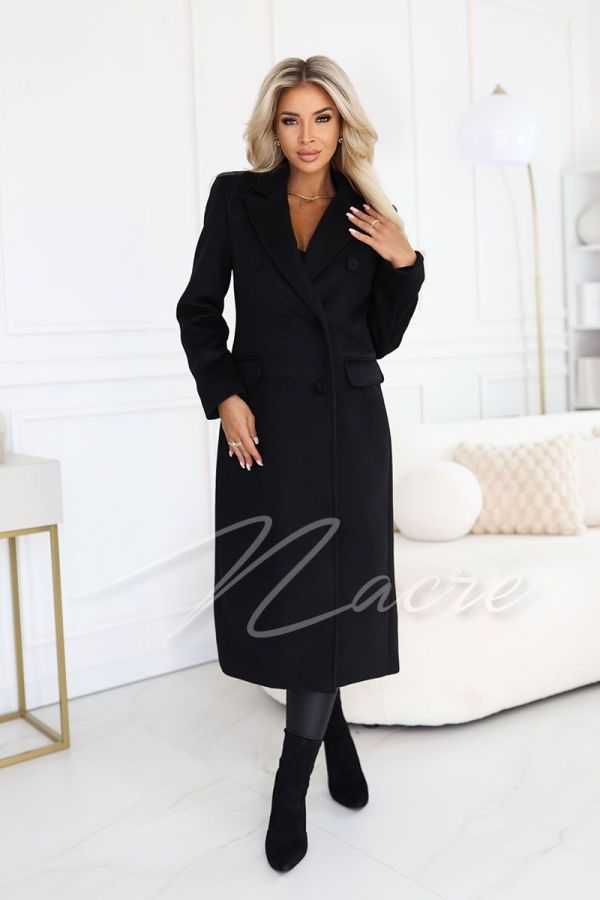 Black women's double-breasted coat with wool - Michelle