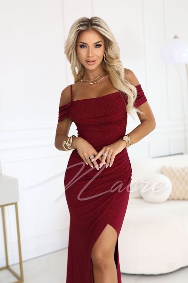 Maroon brocade evening dress with falling shoulders - Olympia